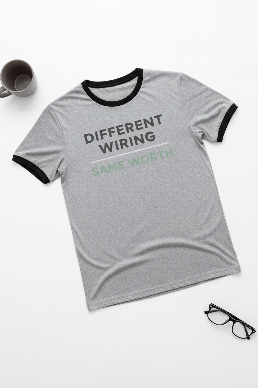 Flat lay of Different Wiring athletic heather ringer tee