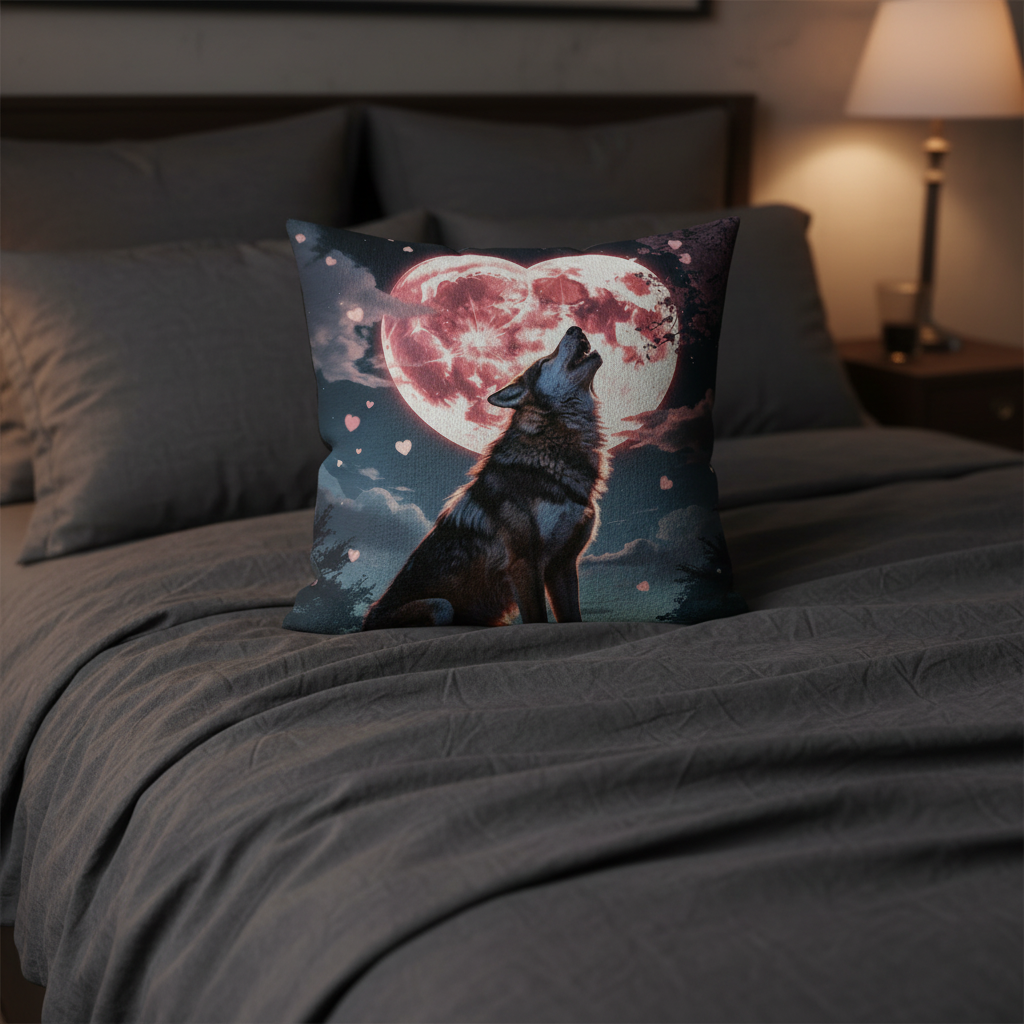 Timber Wolf pillow on dark bedroom bed with moody lighting