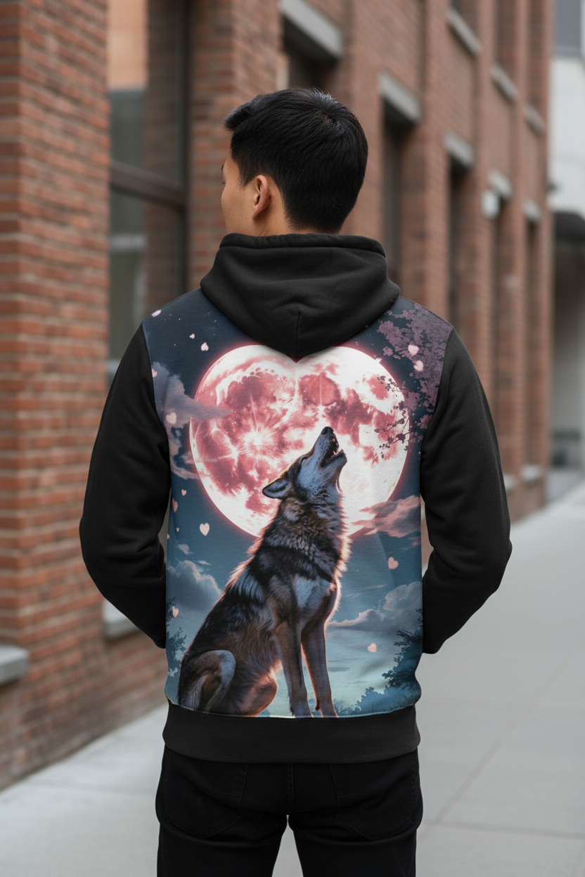 Timber Wolf hoodie back design — Asian man in urban street setting