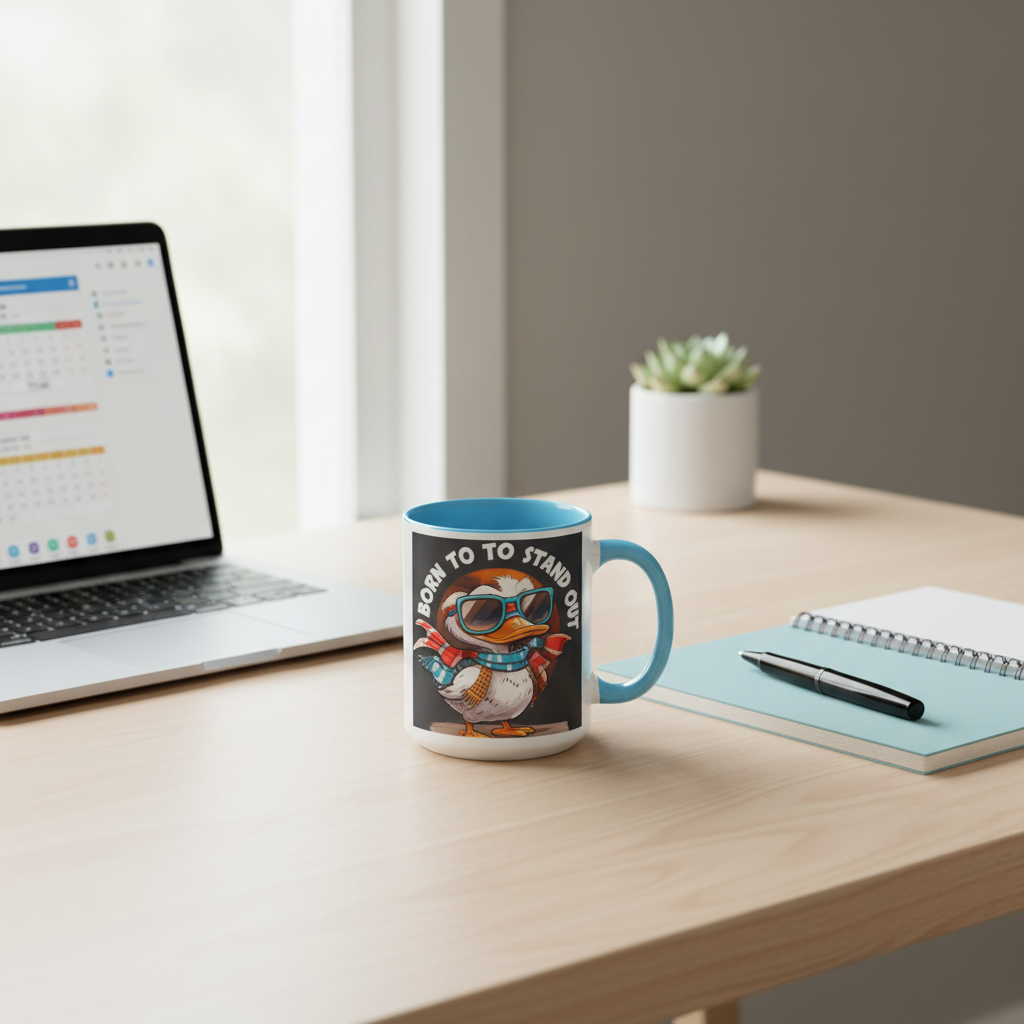 Light blue two-tone duck mug on modern home office desk