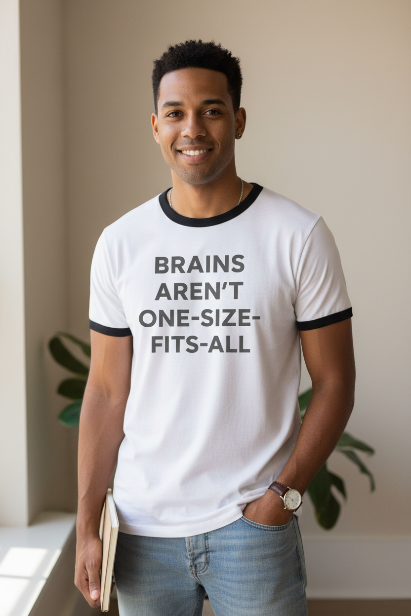 Man wearing Brains Aren't One-Size-Fits-All neurodivergent ringer tee