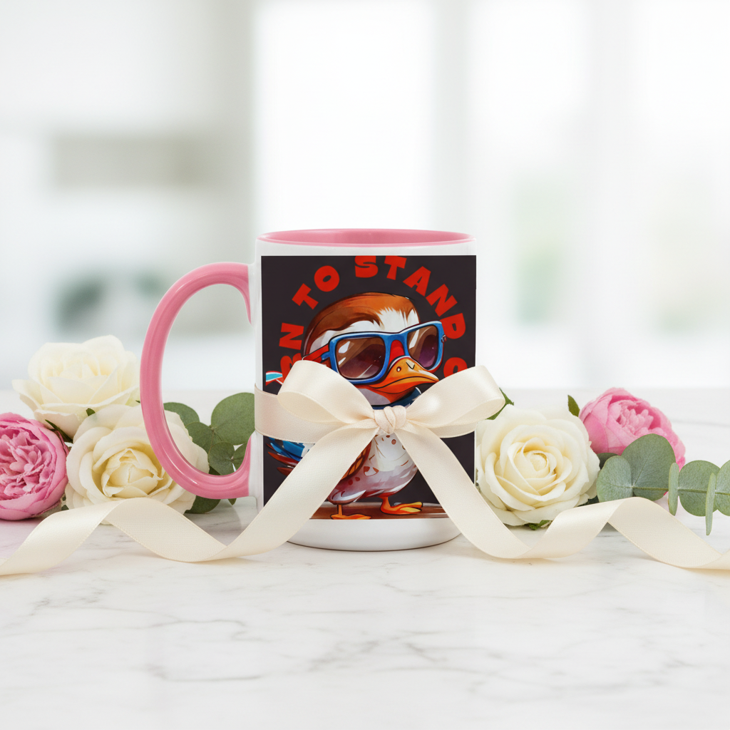 Pink two-tone duck mug styled as gift on marble surface