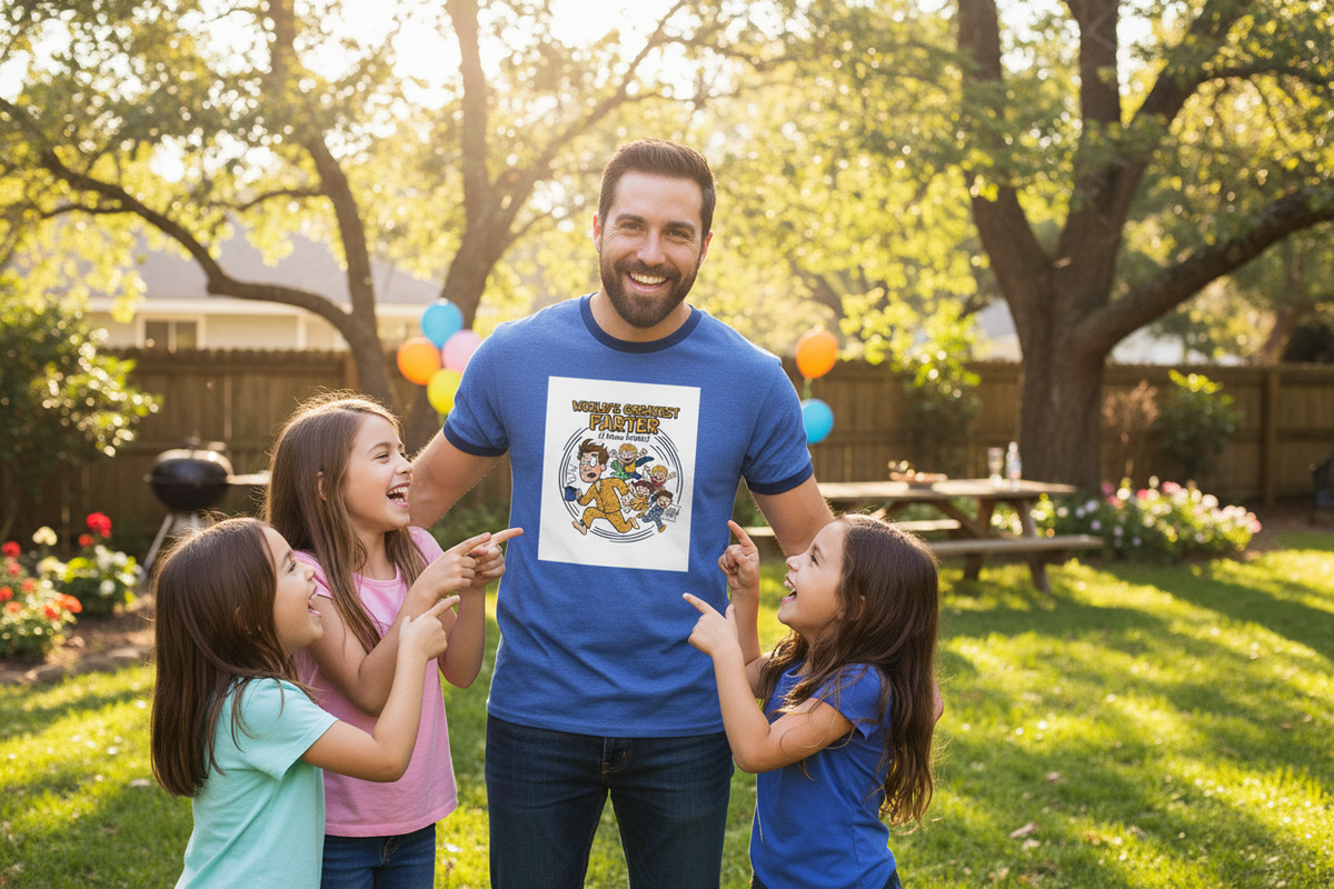 Dad posing with kids in backyard wearing World's Greatest Farter t-shirt, kids pointing and laughing