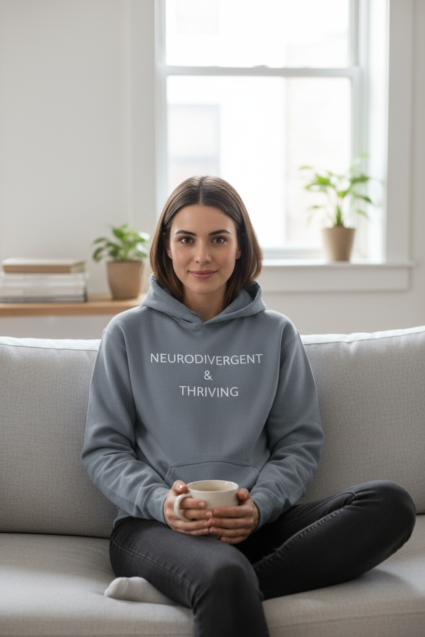 Woman wearing Neurodivergent and Thriving grey garment-dyed hoodie indoors