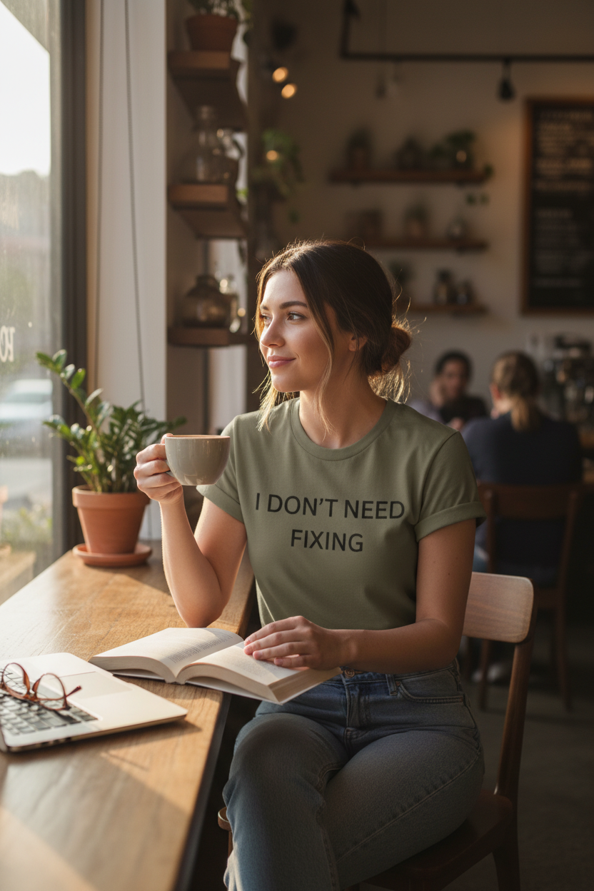 Woman at coffee shop wearing I Don't Need Fixing tee