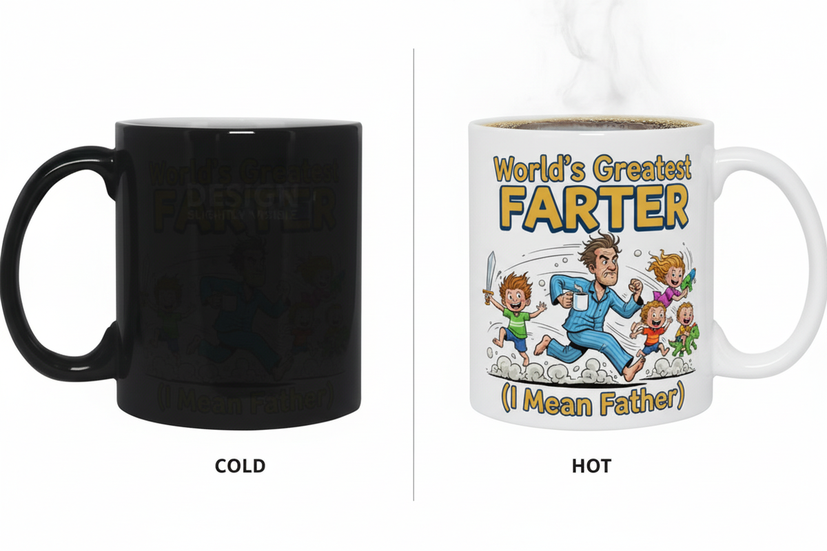 Side-by-side cold black vs hot activated World's Greatest Farter color-changing mug