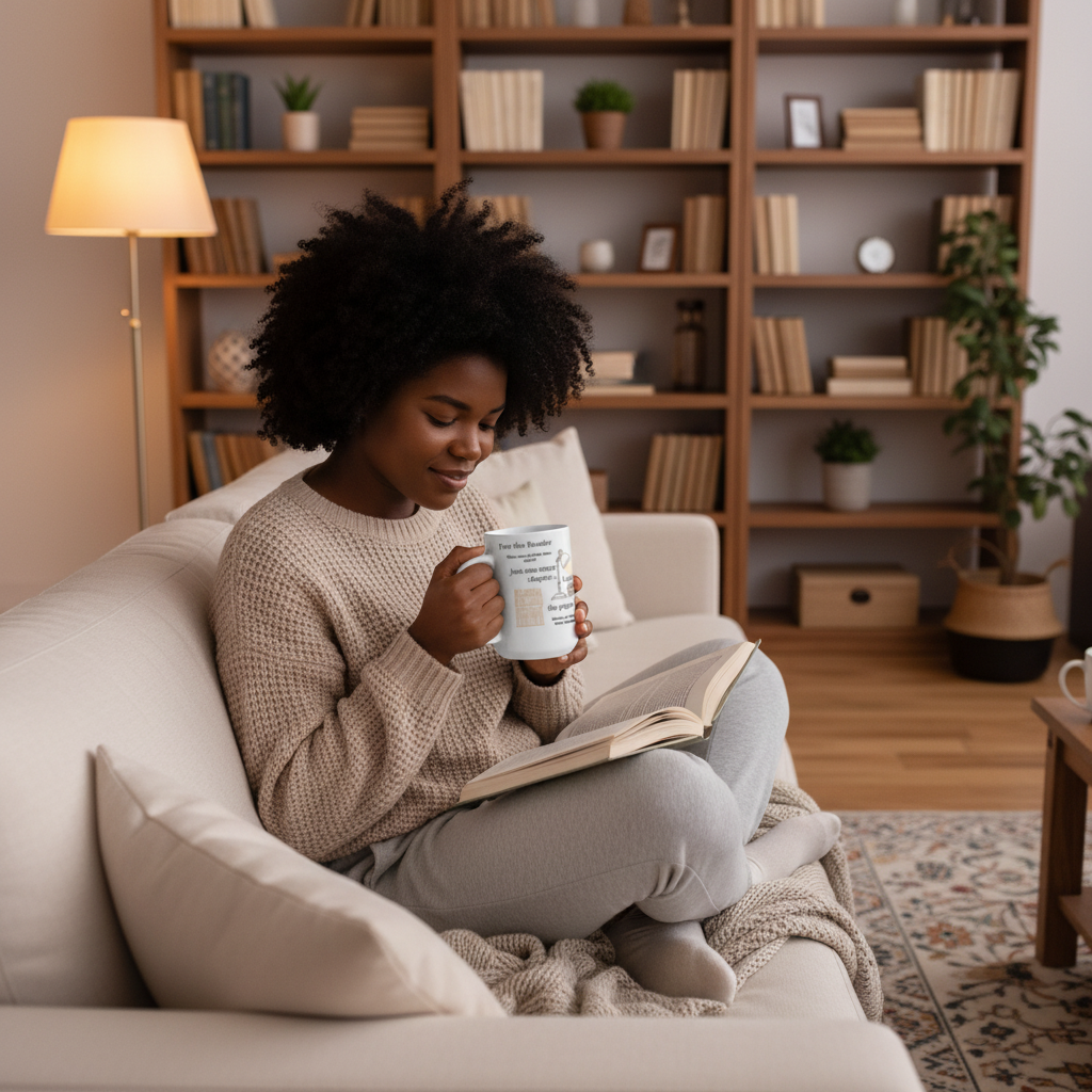 Young woman curled up on couch reading with the Reader mug