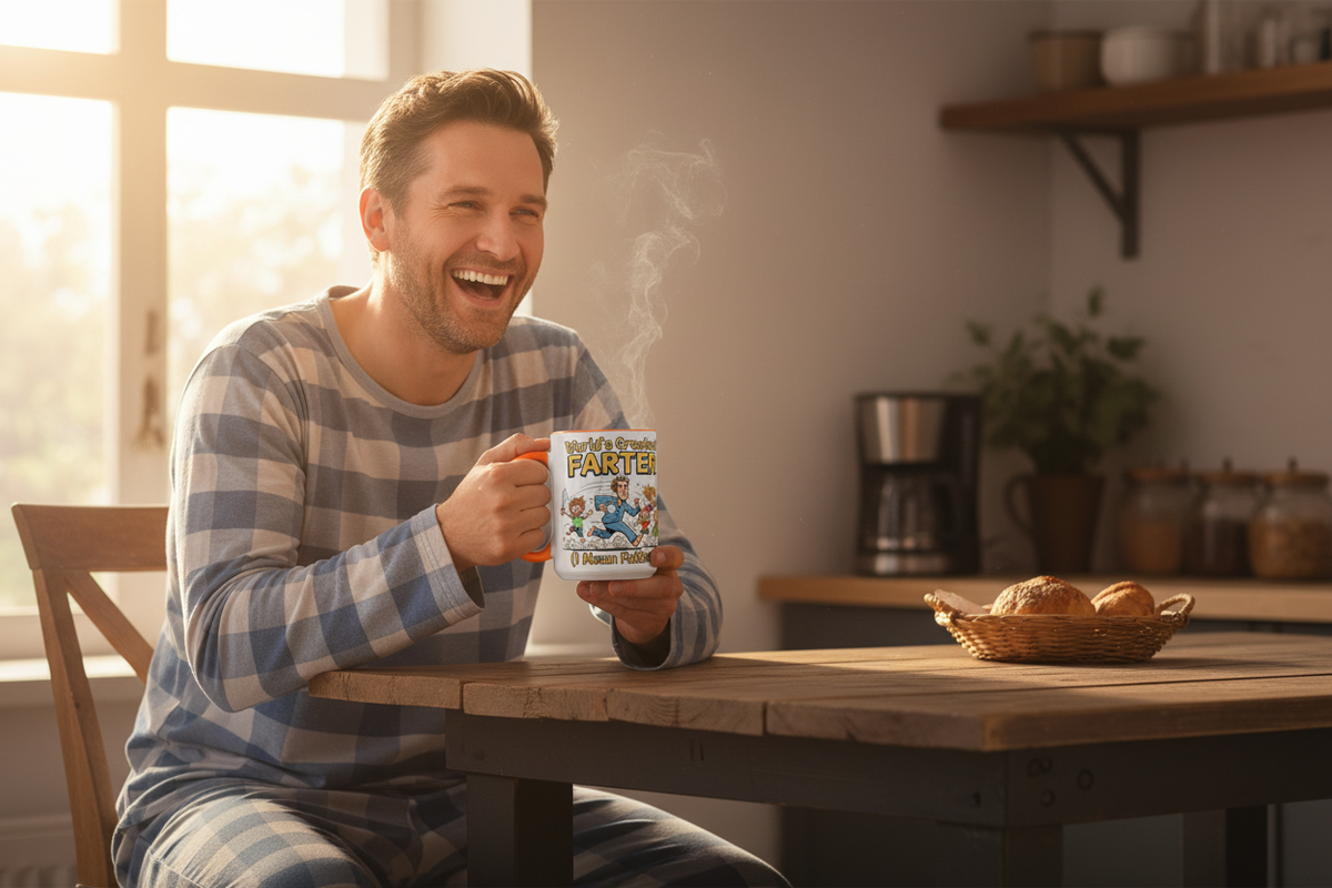 Dad laughing at kitchen table holding World's Greatest Farter mug with morning coffee