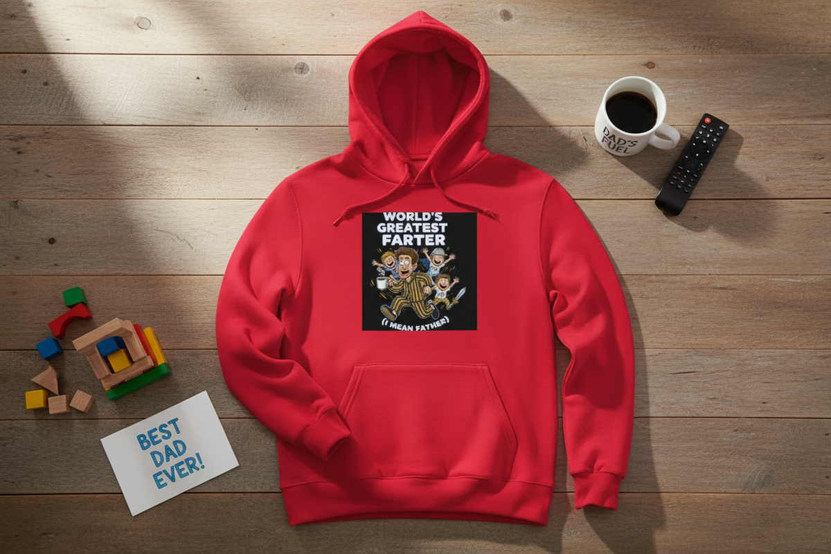 Flat lay of World's Greatest Farter premium hoodie with Father's Day props on rustic wood