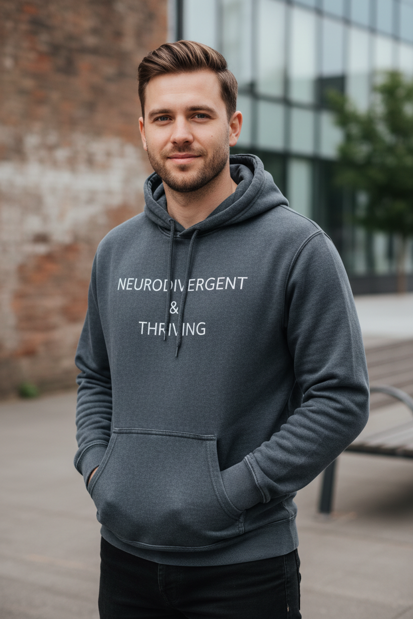 Man outdoors wearing Neurodivergent and Thriving pepper hoodie