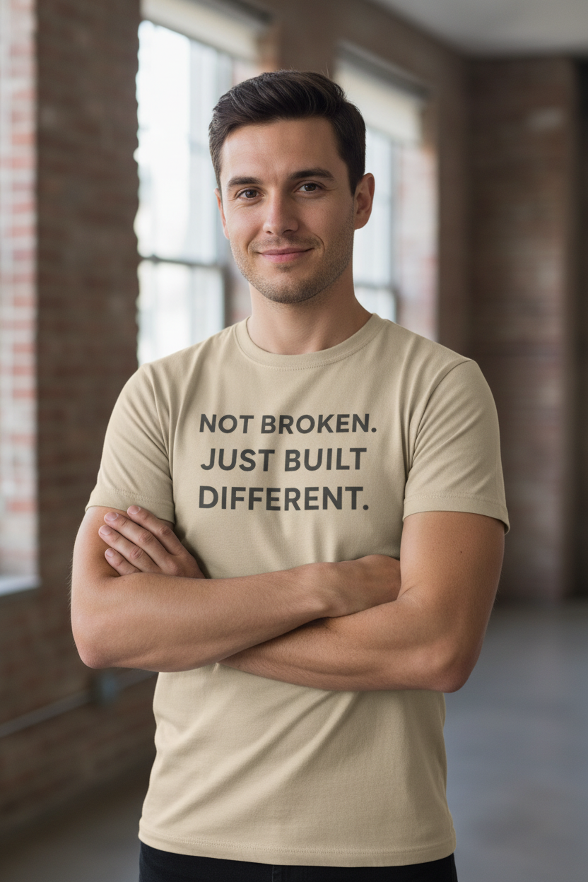 Man wearing Not Broken Just Built Different sand neurodivergent tee
