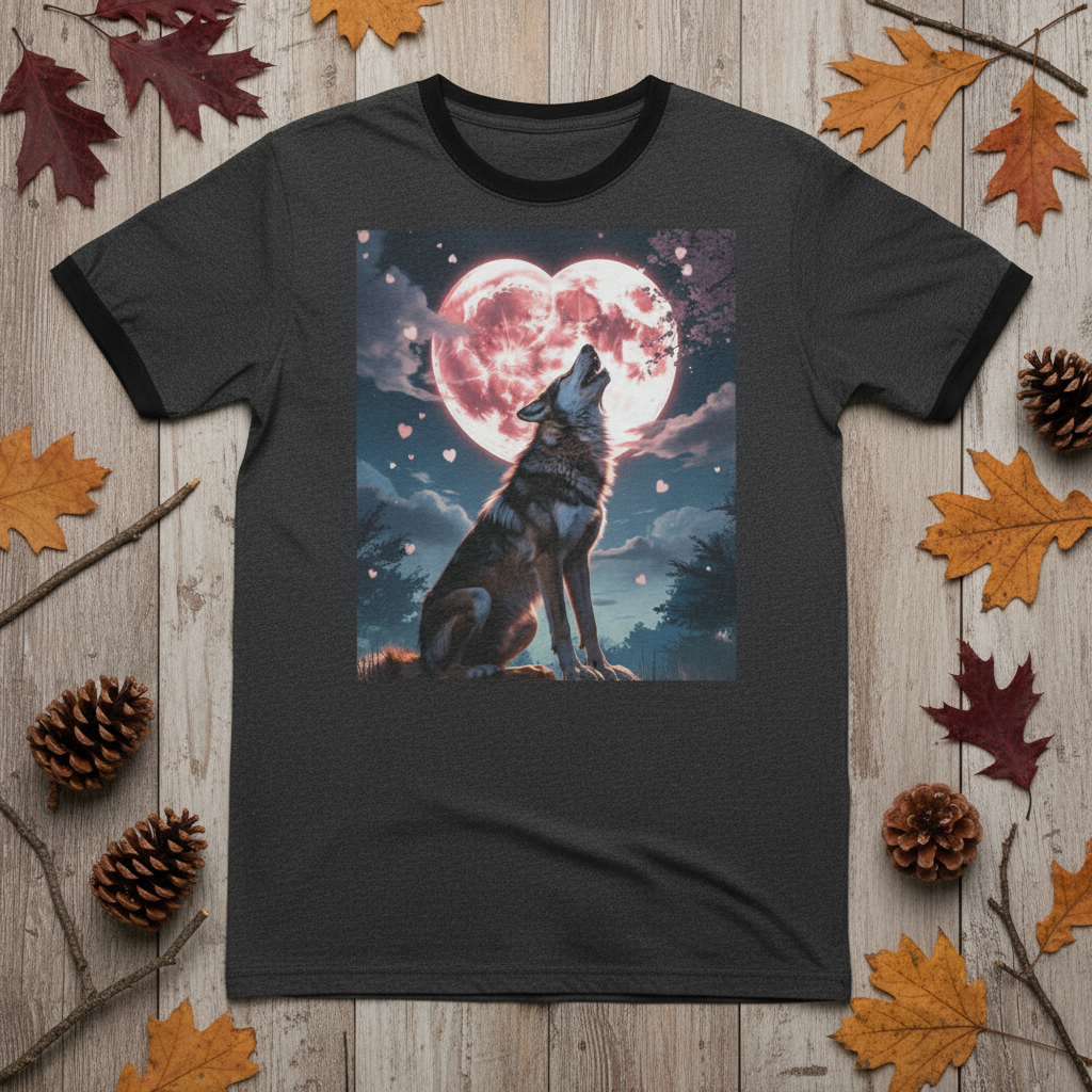 Timber Wolf ringer tee flat lay on rustic wooden surface with pine cones