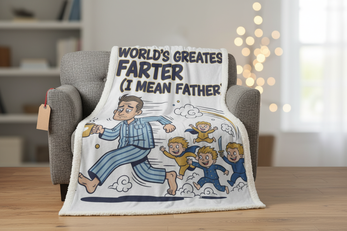 World's Greatest Farter blanket draped over armchair as Father's Day gift