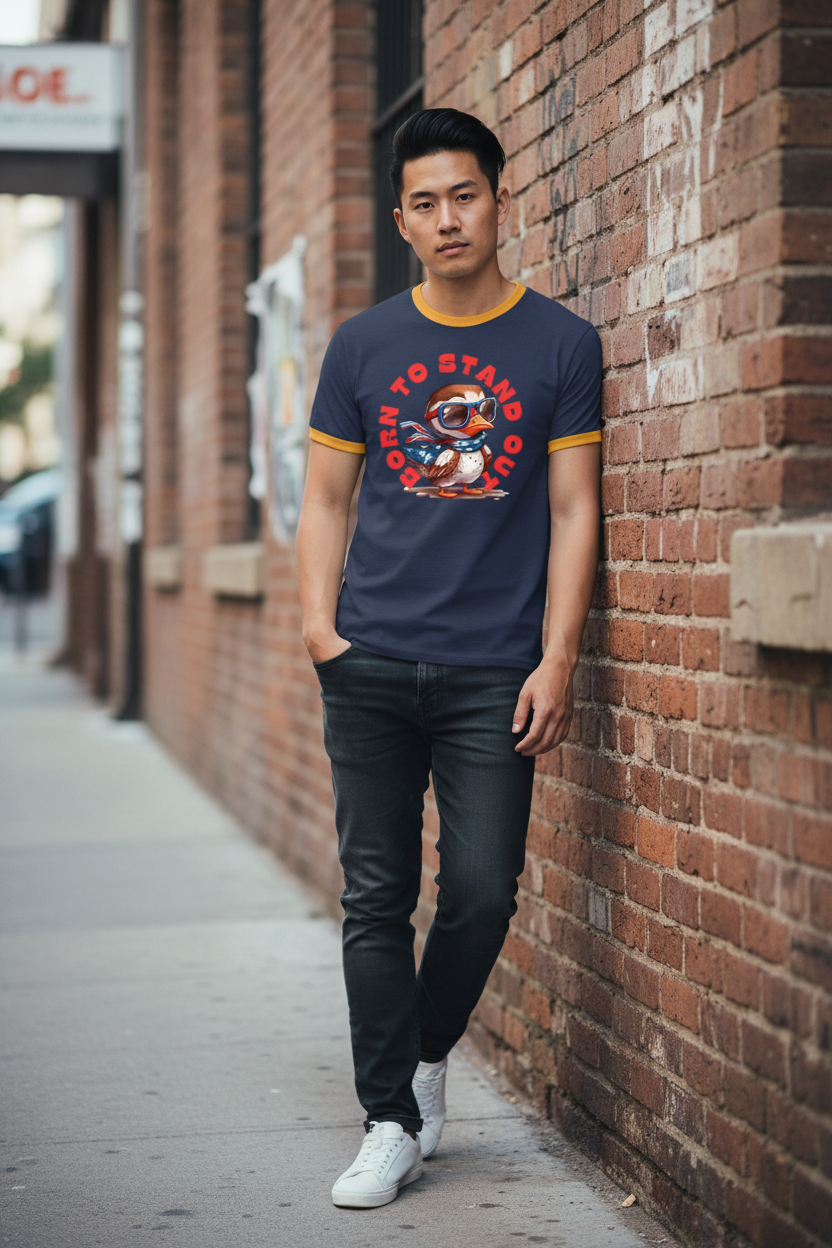 Born to Stand Out Ringer Tee — Navy/Gold, Asian man in urban street setting