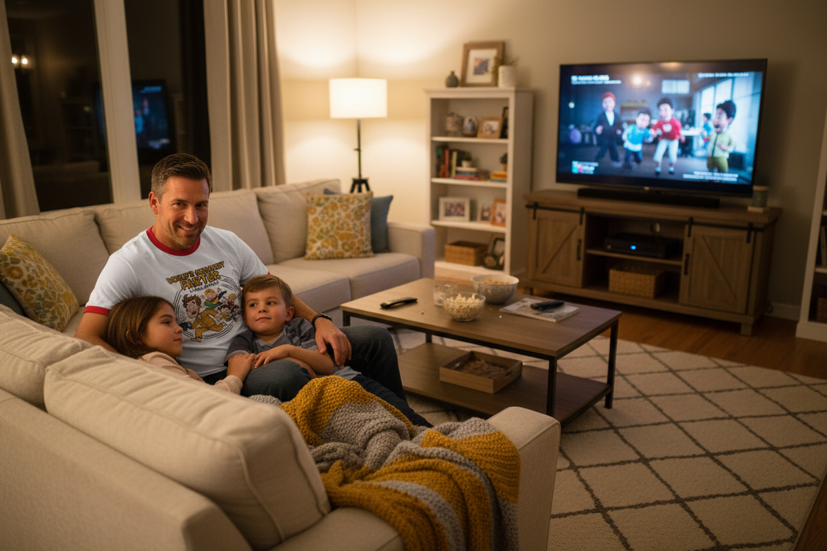 Dad wearing World's Greatest Farter t-shirt on couch with kids watching TV