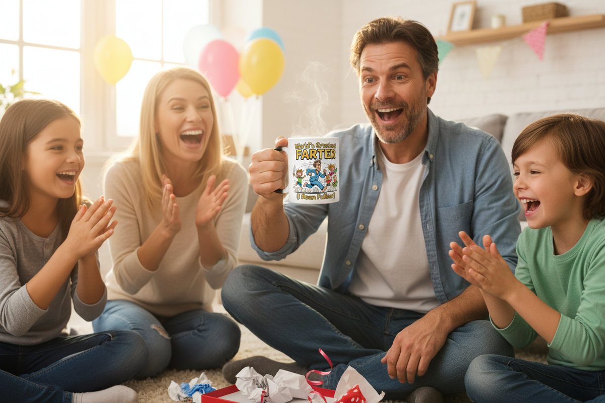 Dad holding activated World's Greatest Farter color-changing mug during Father's Day gift unwrapping