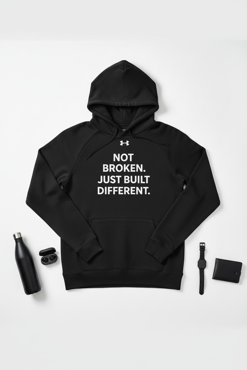 Flat lay of Not Broken Just Built Different black Under Armour hoodie