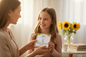 Daughter gifting ribbon necklace to mom with To An Incredible Mom card