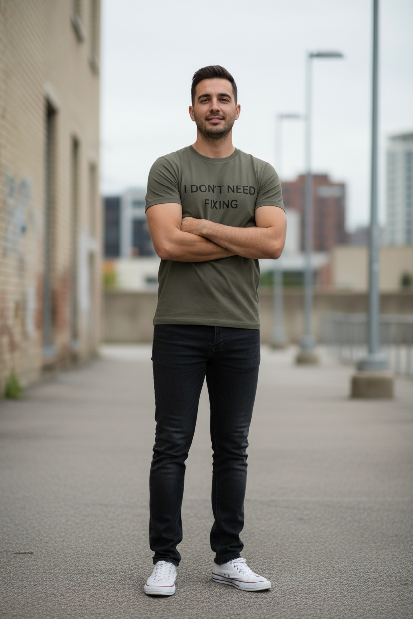 Man outdoors wearing I Don't Need Fixing neurodivergent tee