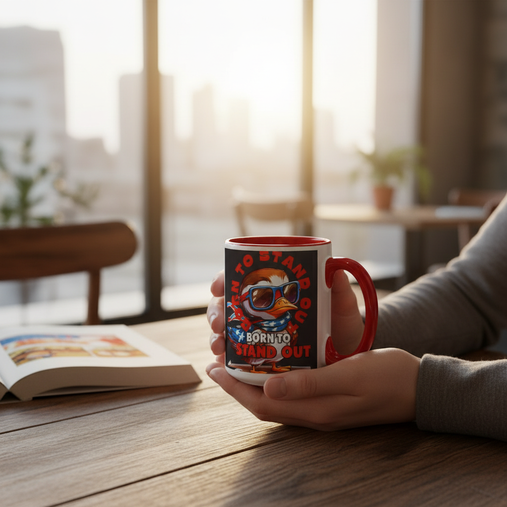Red two-tone duck mug held at cozy cafe table