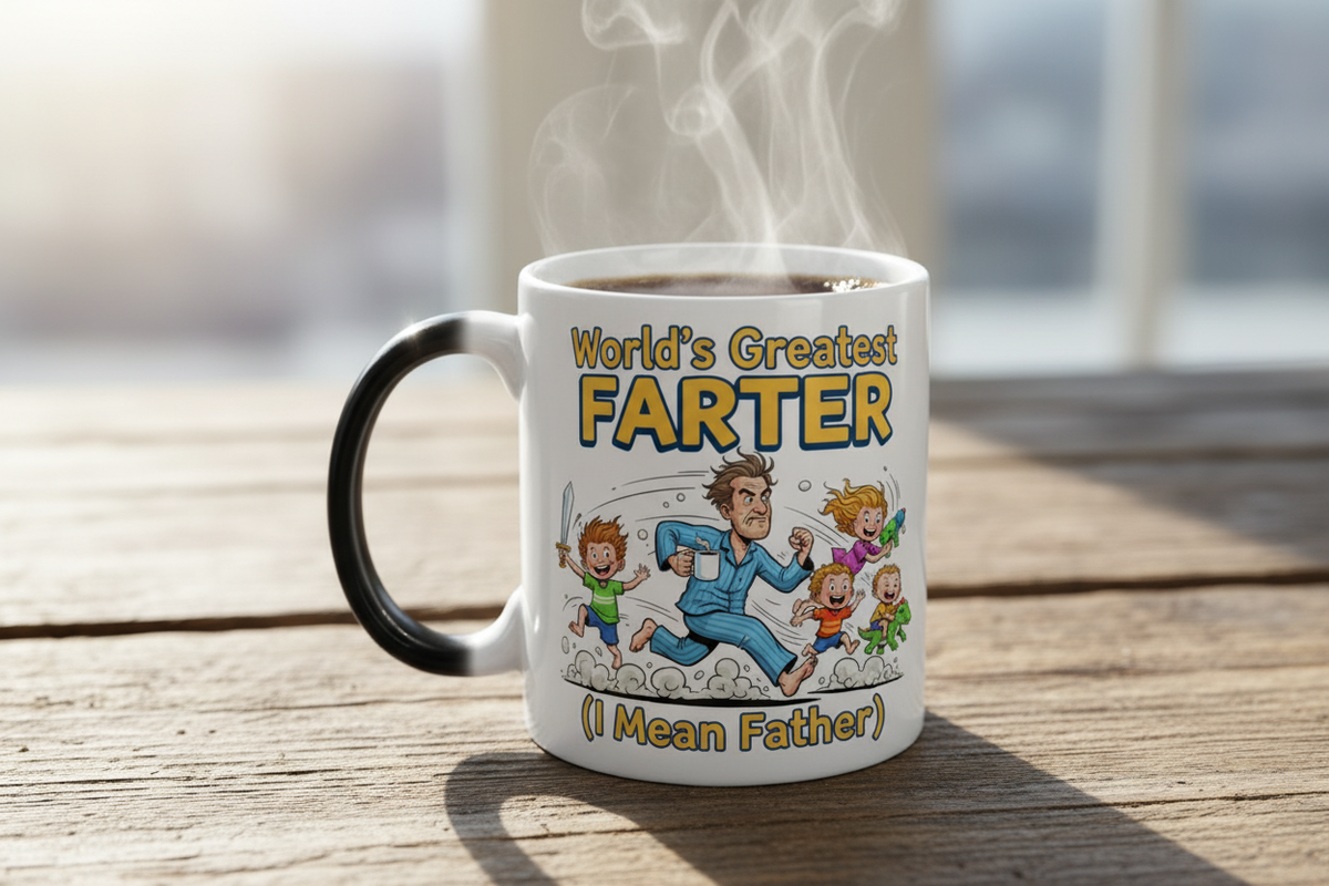 Close-up of fully activated World's Greatest Farter color-changing mug on rustic desk with steam