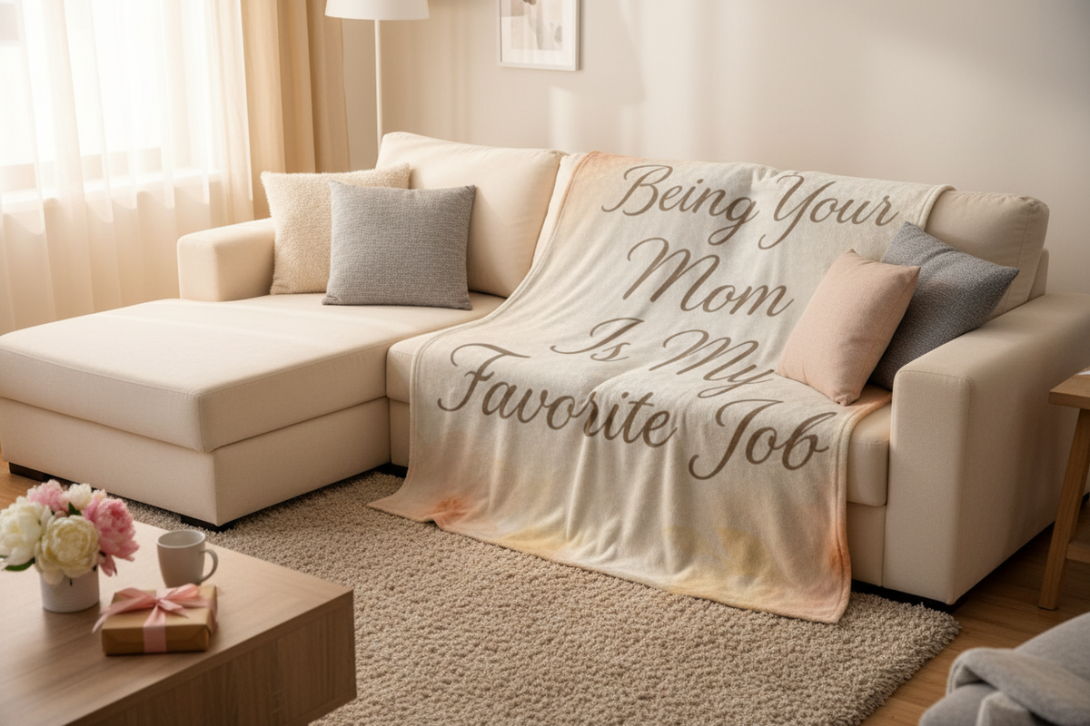 Being Your Mom Is My Favorite Job blanket draped over cozy couch