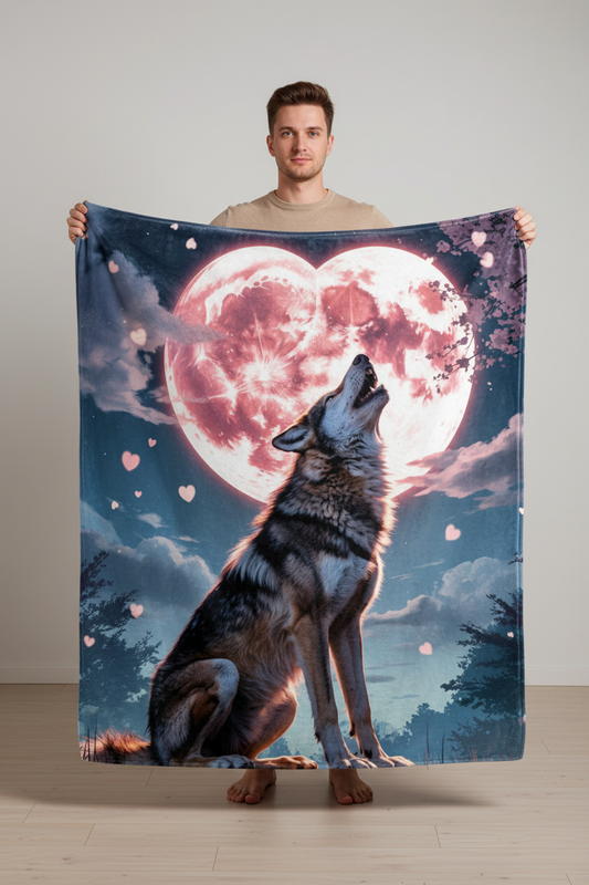 Man holding Timber Wolf heart moon blanket in front of him lifestyle mockup
