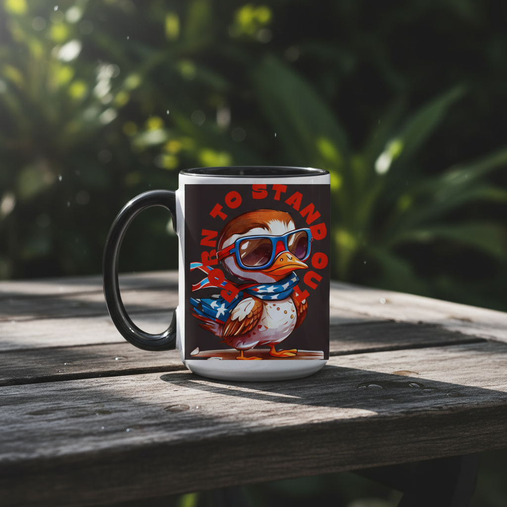 Black two-tone duck mug on rustic outdoor wooden table