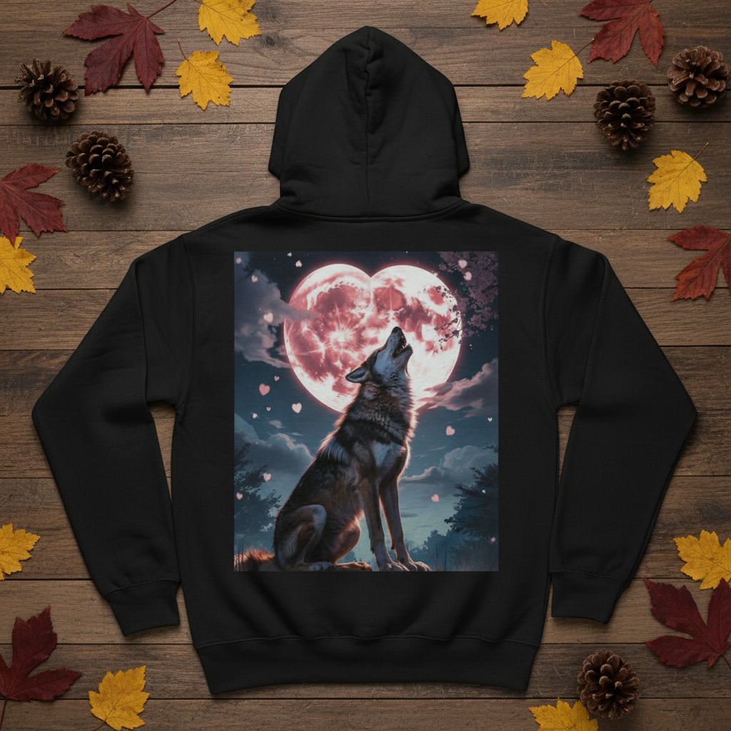 Timber Wolf hoodie back design flat lay on rustic wooden surface with pine cones