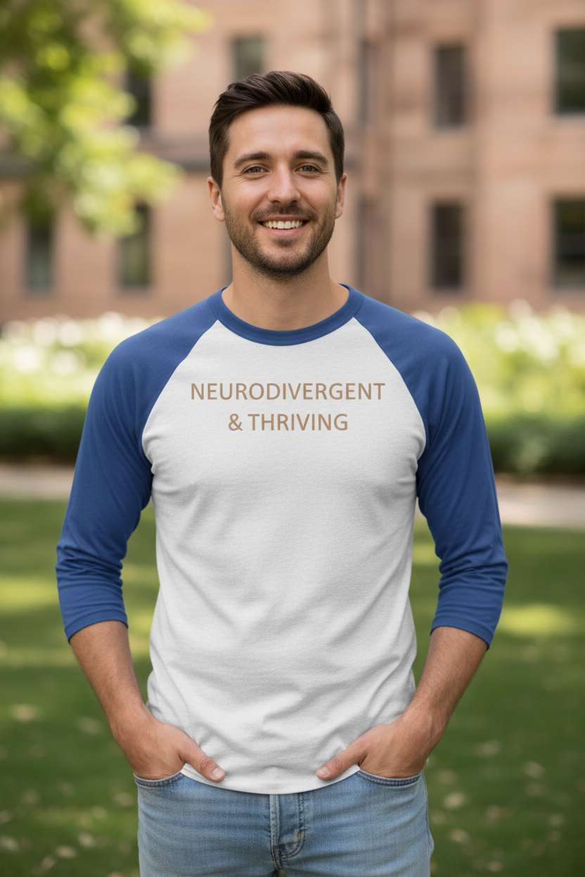 Man outdoors wearing Neurodivergent and Thriving raglan tee tahiti blue