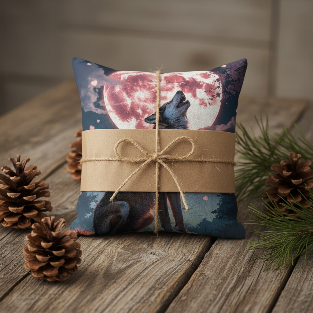 Timber Wolf pillow gift wrapped with kraft paper twine and pine cones