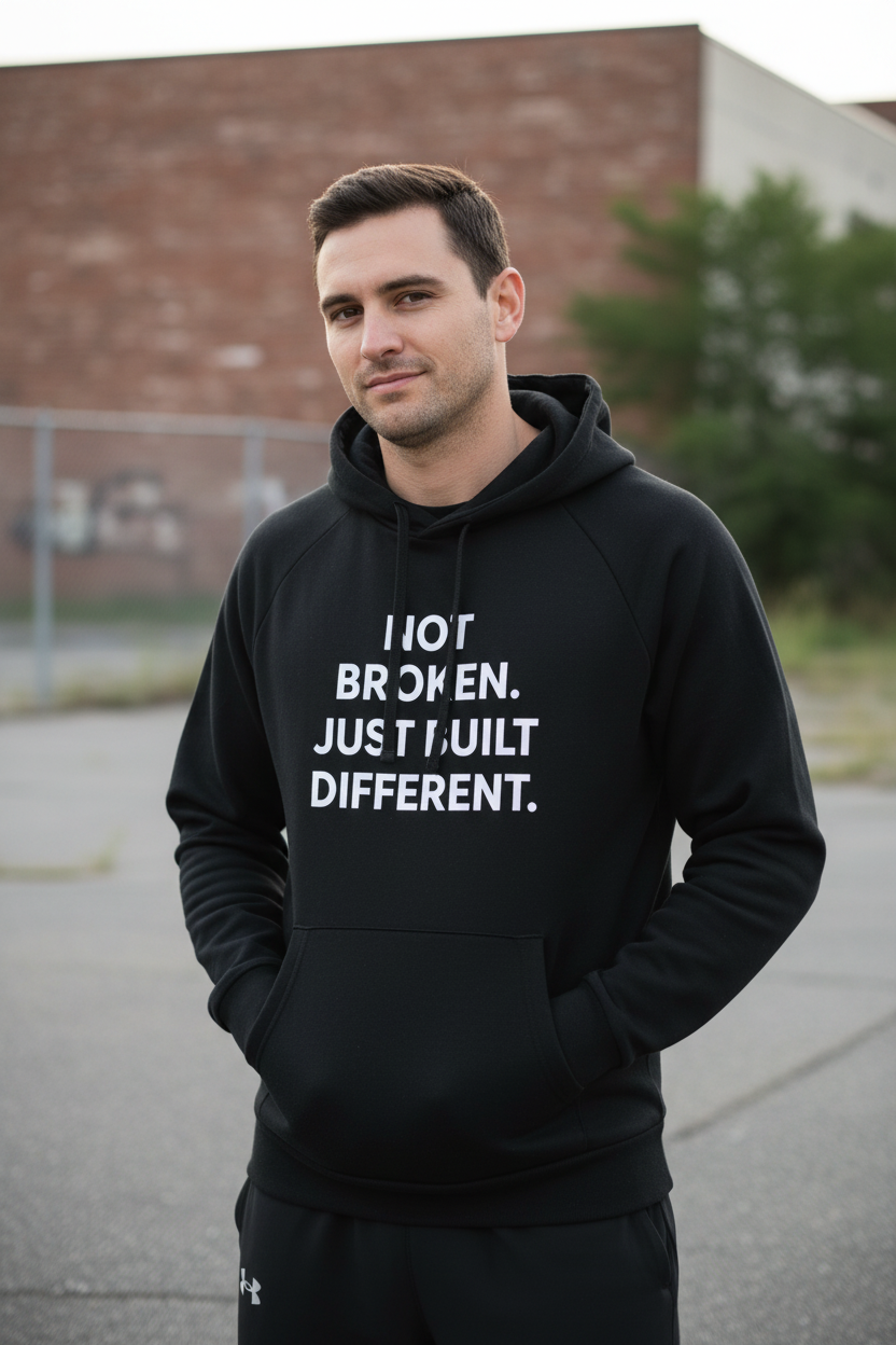 Man outdoors wearing Not Broken Just Built Different black Under Armour hoodie