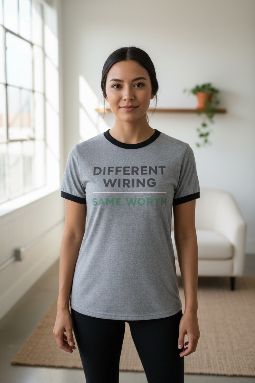Woman wearing Different Wiring athletic heather ringer tee indoors