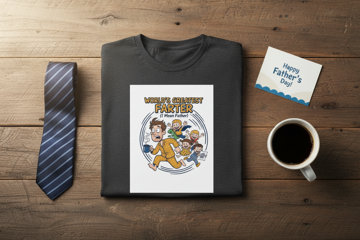 Flat lay of World's Greatest Farter t-shirt with Father's Day props on rustic wood