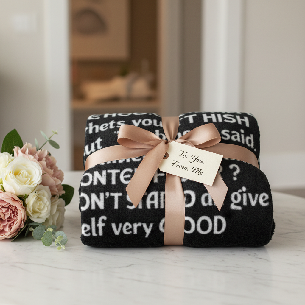 Premium Sherpa blanket folded as gift with ribbon on marble surface