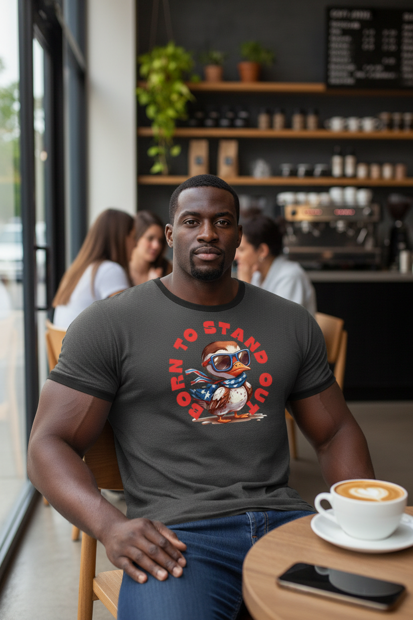 Born to Stand Out Ringer Tee — Dark Heather/Black, Black man in coffee shop