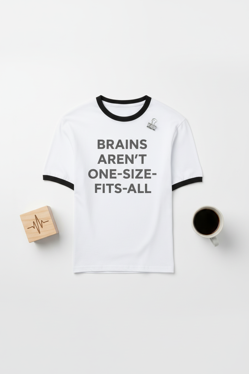 Flat lay of Brains Aren't One-Size-Fits-All neurodivergent ringer tee