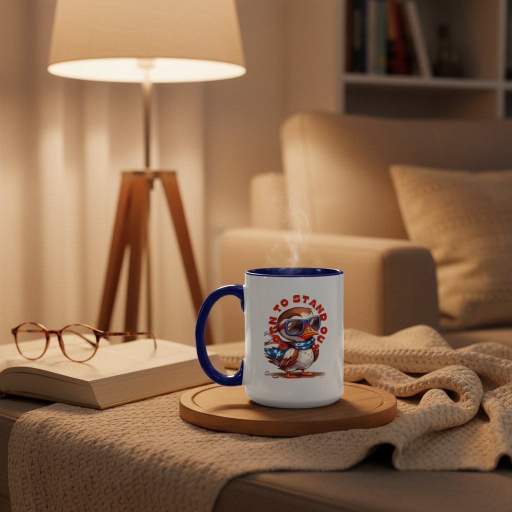 Midnight blue accent mug in cozy reading nook evening scene