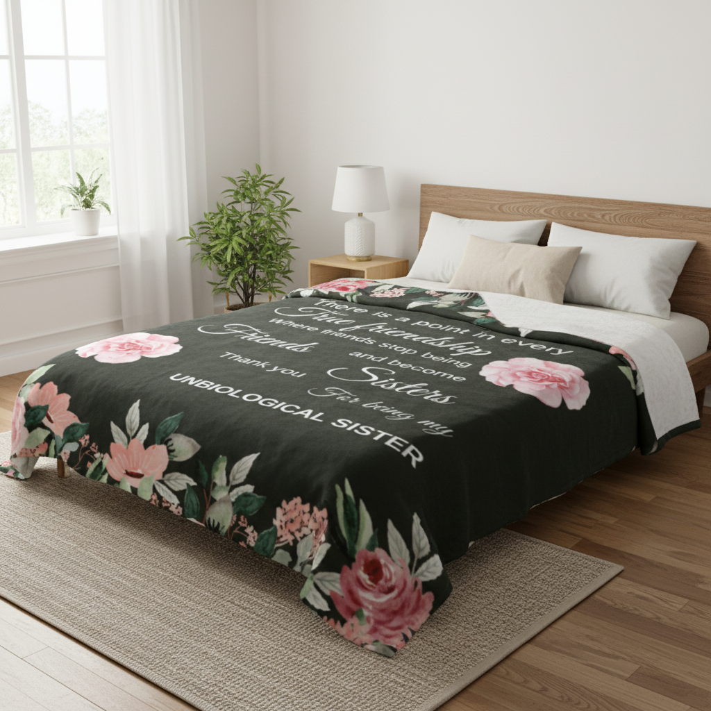 True Friends 60x80 blanket spread across bed showing full design