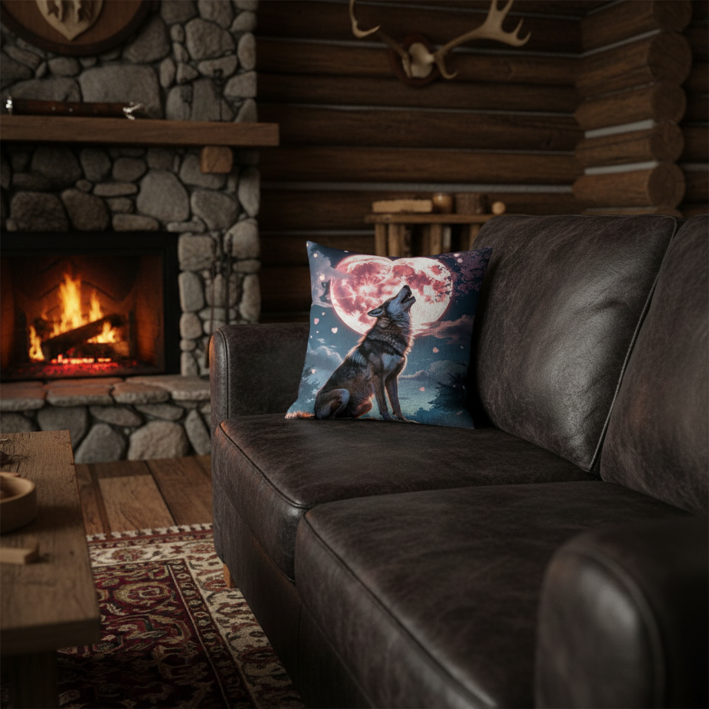 Timber Wolf pillow on dark rustic leather sofa in cozy cabin living room