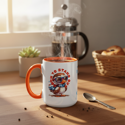 Orange accent mug morning kitchen scene hero shot
