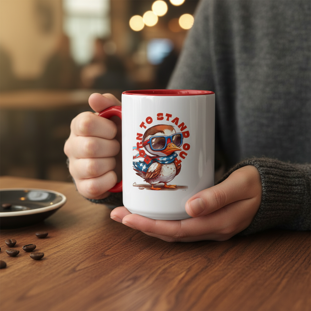 Red accent mug held at cozy cafe table