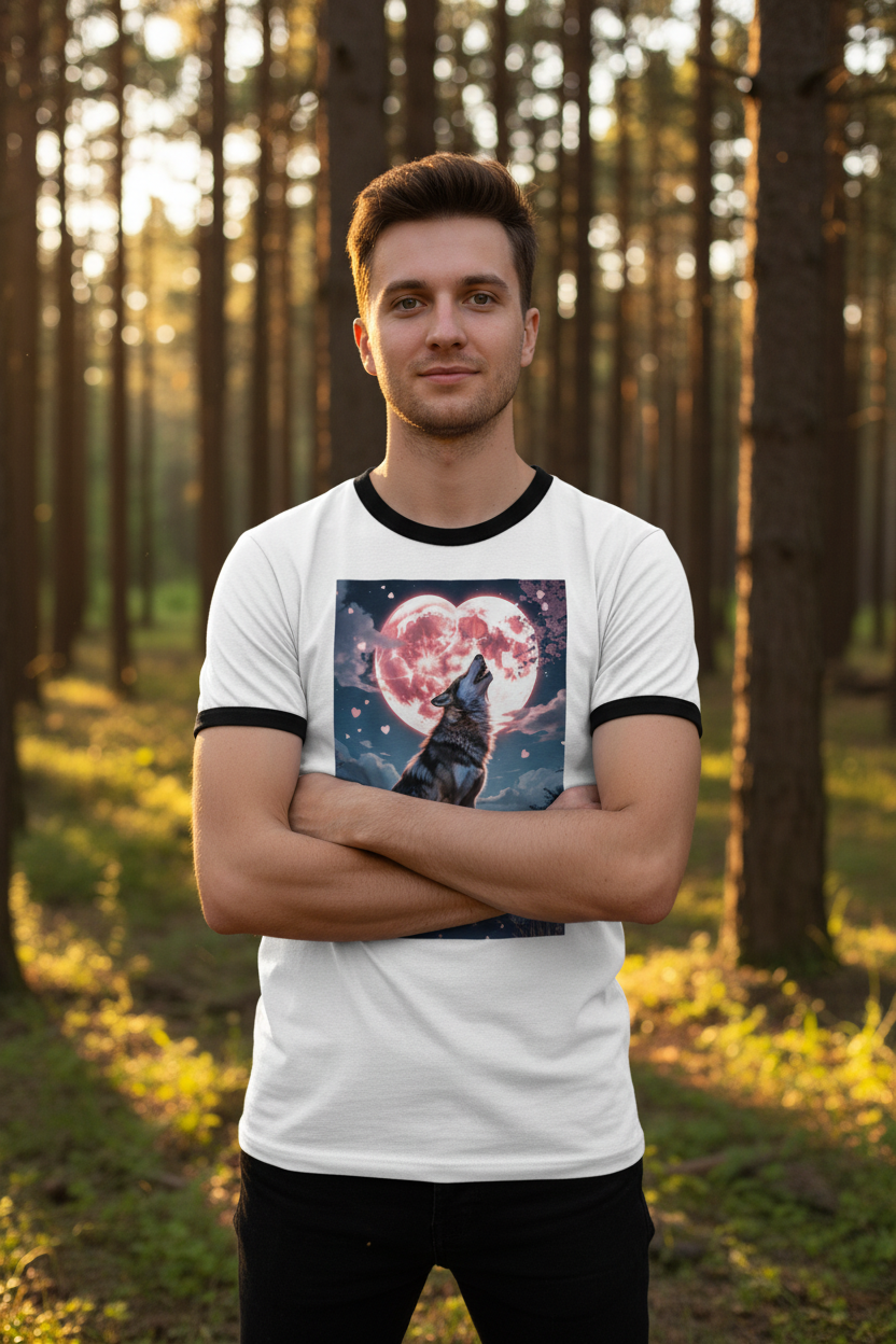Timber Wolf ringer tee worn outdoors in forest with golden hour light