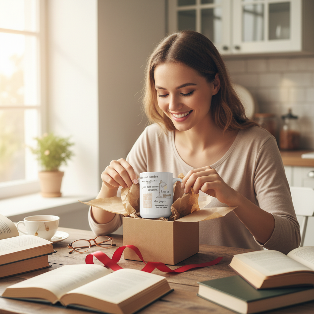 Woman unwrapping the Reader mug as a gift