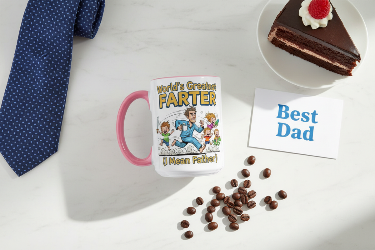 Flat lay of World's Greatest Farter mug with Father's Day props on marble surface