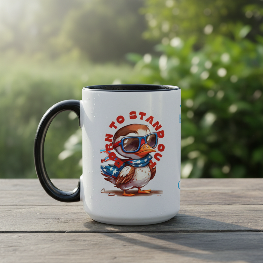 Black accent mug on rustic outdoor wooden table