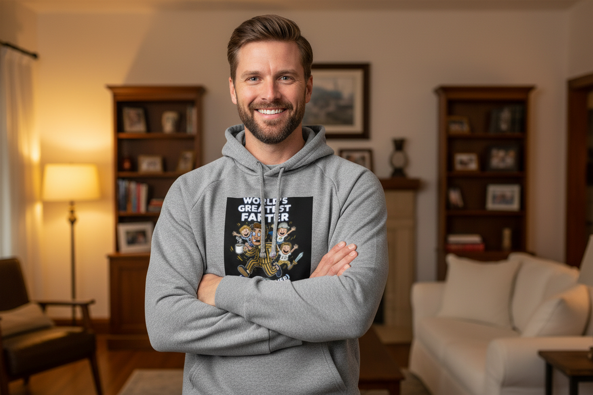 Confident dad arms crossed wearing World's Greatest Farter premium hoodie with proud grin