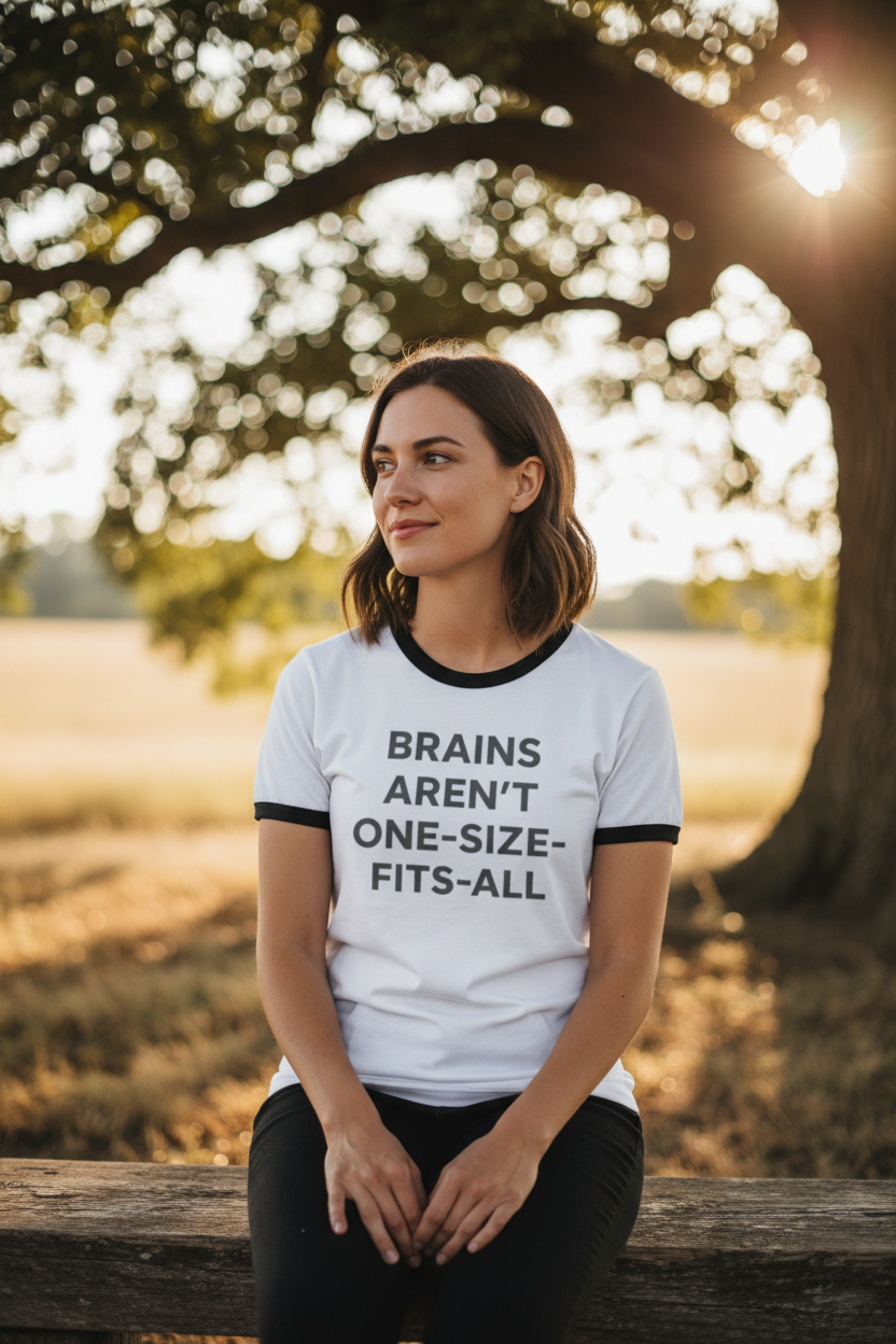 Woman outdoors wearing Brains Aren't One-Size-Fits-All ringer tee