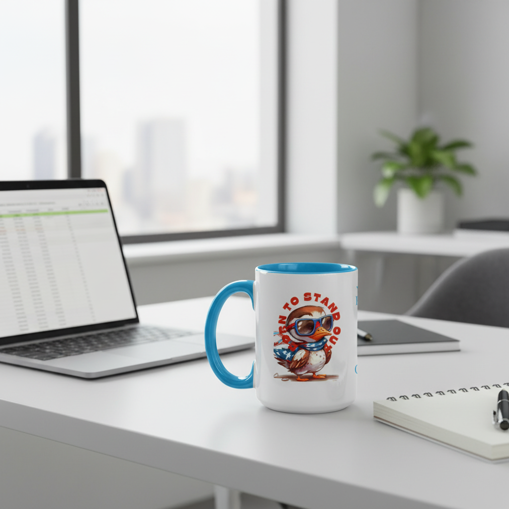 Light blue accent mug on modern home office desk