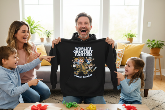 Dad holding up World's Greatest Farter hoodie laughing during Father's Day gift unwrapping
